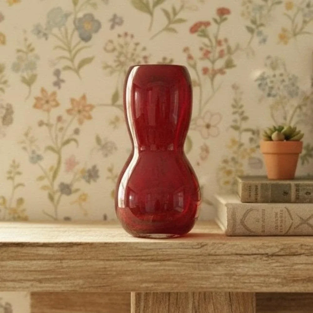 Hand-Blown Ruby Red Glass Vase, Vintage Gourd Shape Flower Holder, Centerpiece